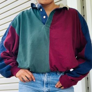 Vintage Colorblock Collar Long Sleeve Shirt
